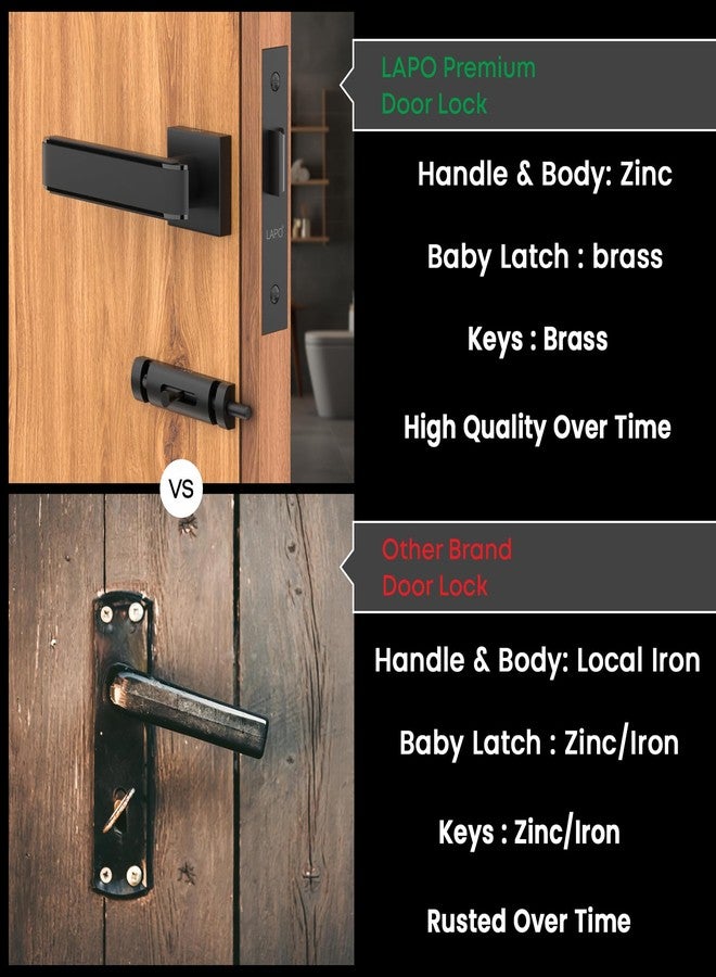 LAPO قفل باب شديد التحمل من لابو للحمام، طقم مقبض قفل نقر بدون مفتاح مع مزلاج وجسم قفل، طقم مقبض قفل باب الشرفة للمخازن والمكاتب والفنادق (لون أسود، ضمان 3 سنوات) Ro-1036 - Image 4